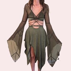 Darker Wavs Dolls Kill ‘ECHO’ Asymmetrical Mesh Dress Dress Green NWT XL